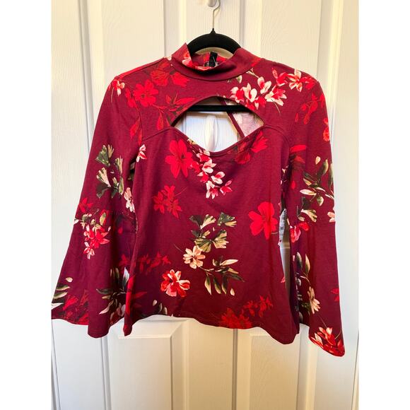 GUESS Floral Mock Neck Cutout Top Long Sleeve Stretch Burgundy Red Size M - Picture 1 of 12